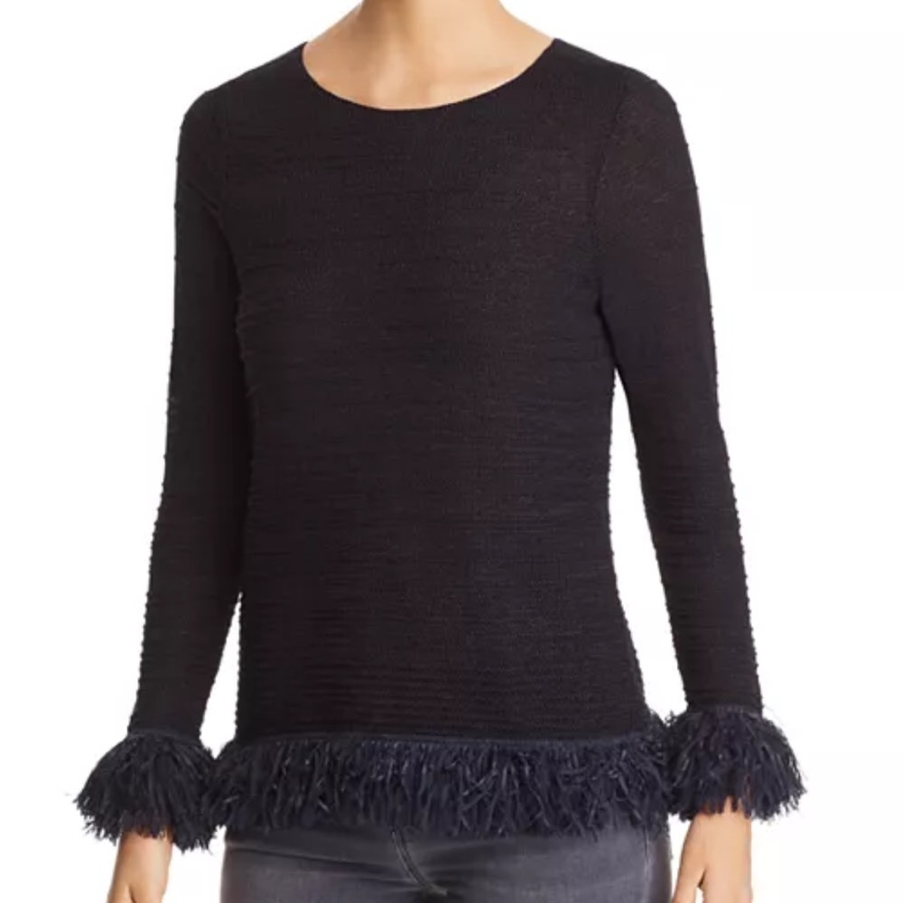 Nic + Zoe  Women’s  Knit 3/4 Sleeve Fringed Lightweight Black Sweater